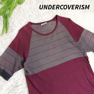 UNDERCOVERISM fuck the past Tシャツ 表記サイズ2 M 暗めのワインレッド&チャコールグレー&墨色 ボーダー ラグラン UNDERCOVER