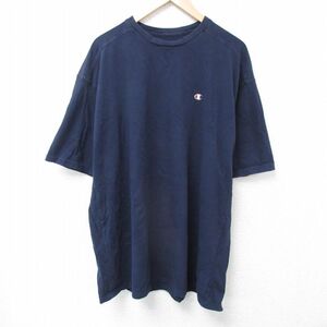 XL/古着 チャンピオン Champion 半袖 ブランド Tシャツ メンズ ワンポイントロゴ 大きいサイズ ロング丈 クルーネック 紺 ネ