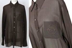 VINTAGE HERMES SILK SHIRT brown size 40 エルメス ポケット ロゴ 刺繍 シルク シャツ ブラウス b8813