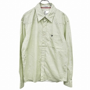 アメリカンイーグル American Eagle ウエスタンシャツ 長袖 幾何学柄 鳥の刺繍 胸ポケット 綿100% グリーン 緑×白×紺 メンズ