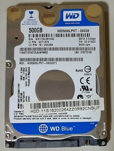 4219 2.5インチ内蔵SATAハードディスク 7mm 500GB WesternDigital WD5000LPVT-08G33T1 5400rpm 3594時間 正常 lenovo ideapad Windows8入り