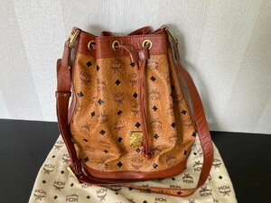 割と美品！●MCM　エムシーエム ロゴグラム ショルダーバッグ 巾着型 ヴィセトス ショルダーバッグ レザー ブラウン キャメル レディース●