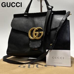 g69【極美品】グッチ　GUCCI GGマーモント　レザー　革　黒　ブラック　2way ショルダーバッグ　ハンドバッグ　421890