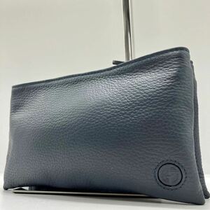 【希少/極美品】1円 GIORGIO ARMANI ジョルジオアルマーニ ポーチ 小物入れ クラッチバッグ 2室 ロゴ レザー 革 メンズ ビジネス ネイビー