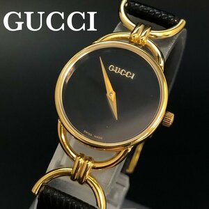 稼働品 GUCCI グッチ 6000.2L 腕時計 BT交換済 黒/ゴールド 動作確認済 純正 革ベルト レディース QZ 黒文字盤 正規品 本物保証 最落無