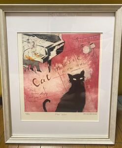 真作保証　山岡康子　版画　エッチング　銅板画　猫展　額F8サイズ　37/50