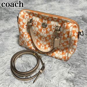 状態良 COACH コーチ シグネチャー 柄 2WAY ショルダーバッグ ミニボストン ハンドバッグ オレンジ レディース