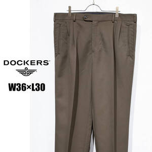 W36 L30 / DOCKERS PREMIUM ドッカーズ リラックスフィット 2タック スラックス ポリエステル パンツ ブラウン カーキ ダブル ワイドパンツ