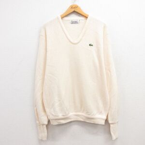 L/古着 ラコステ LACOSTE IZOD 長袖 ブランド セーター メンズ 80s ワンポイントロゴ Vネック 生成り 24dec05 中古 ニット トップス