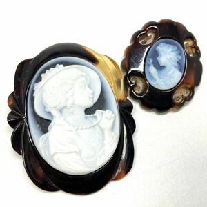 べっ甲付!!［シェルカメオペンダントトップ2点おまとめ］u 重量約16.7g ブローチ broach pendant top shell CAMEO 貴婦人 彫刻 CE0