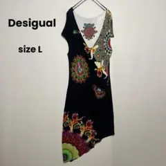 Desigual アシンメトリー ワンピース 総柄 フレンチスリーブ 黒 L