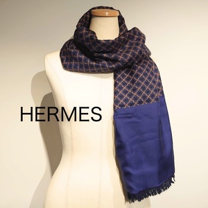 【希少】HERMES エルメス マフラー ストール リバーシブル 幾何学模様 シルク アンゴラ ブルー ネイビー 青 【送料無料】