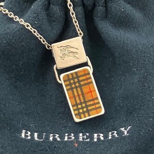 仙69【良品】BURBERRY ノバチェック ホースロゴ ネックレス SILVER 刻印 ブラウン系 バーバリー ペンダント シルバー 925 巾着付き