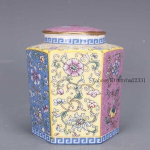 清乾隆琺瑯彩柄方お茶の缶 茶道具 陶磁器 装飾品 現代工芸品 美術品 置物