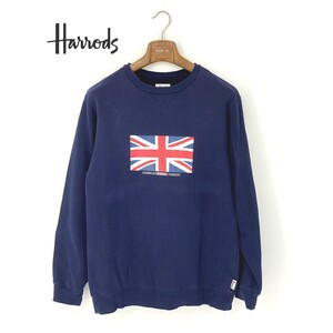 A6843/春夏 Harrods ハロッズ コットン ビッグプリント 星条旗 丸首 長袖 スウェット リブ トレーナー XS 紺/メンズ Ｔシャツ ロンT