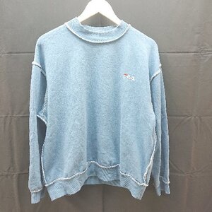 ◇ FILA フィラ クルーネック ロゴ 刺繍 長袖 トレーナー カットソー サイズF ブルー レディース E