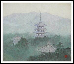 45457T 【本物保証】 島田智博 作 『古寺』 日本画 絵画寸法52.7×45.5cm 額装寸法W57×H48cm