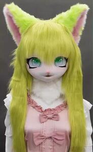 着ぐるみヘッド 猫 黄緑 全頭ヘッド ケモノ マスク ファースーツ ぬいぐるみ コスプレ コスチューム