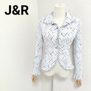 ジェイアンドアール J&R 美品 ツイードジャケット ブレザー アウター シングル 1つボタン 白薄紫色 M 華やか フェミニン レディース