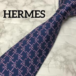 現行タグ　HERMES エルメス ネクタイ　ホースビット ネイビー　ピンク　