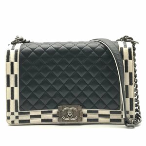 1円 CHANEL シャネル ココマーク ボーイシャネル マトラッセ ラムスキン チェック柄 チェーン ショルダー バッグ ブラック ホワイト a3553