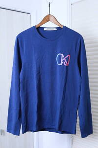 ★CALVIN KLEIN JEANS カルバンクラインジーンズ ストレッチ素材プリント長袖Tシャツ　　古着ユーズド男性メンズM青ブルー服中古トップス