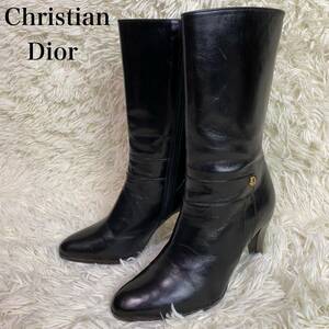 【美品】　クリスチャンディオール　レザーブーツ　23.5cm レザー　ブラック　黒　Christian Dior ロゴ　ヴィンテージ　サイドジップ