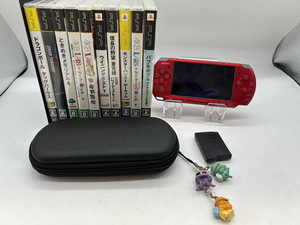 7168-02★【ジャンク・現状品】SONY PSP ソフト付きおまとめ/レッド/PSP3000/PSPソフト/11本セット/ケース付き/バッテリー膨張★