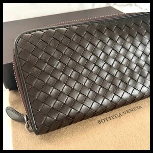 ★【極美品！希少！】 BOTTEGA VENETA ボッテガヴェネタ イントレチャート 長財布 ラウンドファスナー　ダークブラウン　定価7.8万 281