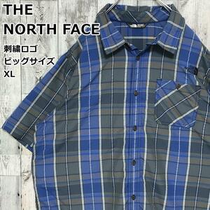 THE NORTH FACE ノースフェイス 半袖シャツ メンズ XLサイズ チェック柄 刺繍ロゴ 胸ポケット コットン100％ 春物 夏物 アウトドア 90s