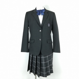 1円 ブレザー チェックスカート リボン 上下4点セット L カンコー 冬物 女子 学生服 東京都立第五商業高校 グレー 中古 ランクB EY8514