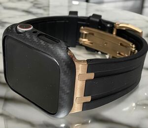 マット カーボン　ブラックローズアップルウォッチバンド Carbon カバー　ラバーベルト　Apple Watch ケース　44 45 49mm ultra ウルトラ