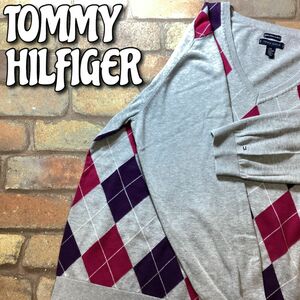 ★USA買付★正規品★【TOMMY HILFIGER】Pima Cotton アーガイル柄 Vネックセーター【レディース XXL】ライトグレー 紫 ピンク 薄手 K3-402