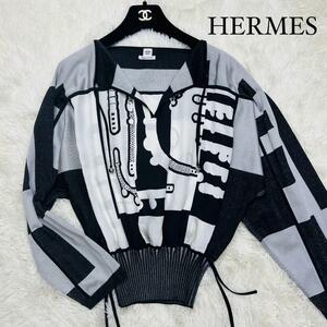 極美品//シルク100%/エルメス◎HERMES パーカー風シャツ モノクロ 白 黒 ホワイト ブラック 総柄 エルメスっぽい柄 34 XS 実寸M位