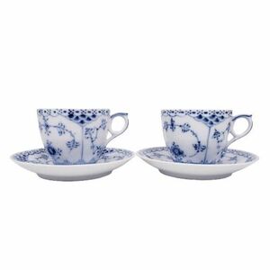 【ROYAL COPENHAGEN/ロイヤル・コペンハーゲン】ブルーフルーテッド ハーフレース カップ＆ソーサー ペアセット 2客 食器★9209