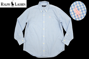 Y-1645★送料無料★超美品★Ralph Lauren ラルフローレン★正規品 ライトブルー水色 ギンガムチェック 長袖 ボタンダウンシャツ 140cm