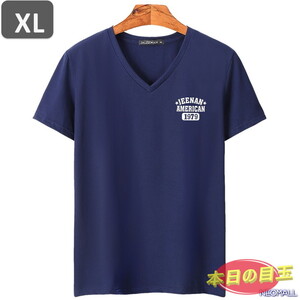 本日のお買得 ☆ Vネック 半袖 Tシャツ【453】 ネイビー XLサイズ トップス シャツ シンプル イラスト デザイン 春夏