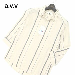 【新品 未使用】 a.v.v アーヴェヴェ 春夏 7分袖 イージーケア★ 【麻 リネン】 ストライプ シャツ Sz.S　メンズ　C4T03193_4#A