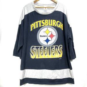 ■ 90s 90年代 USA製 ビンテージ ARTEX NFL Pittsburgh Steelers 7分丈 シングルステッチ Tシャツ XL ブラック アメフト スティーラーズ ■