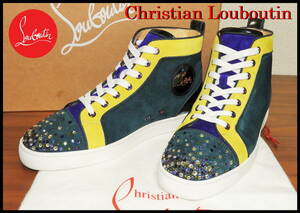激安Christian Louboutin クレイジーストラス 正規品 マルチカラー スワロ レインボー メンズ 41 緑 黄 青 ベロア クリスチャンルブタン 靴
