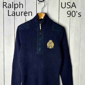 USA古着 90s Ralph Lauren ハーフジッップ コマンドリブニットセーター M 濃紺 ラルフローレン オールド アメリカ古着 刺繍ワッペン●249