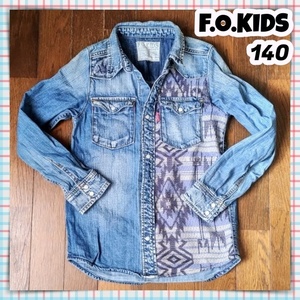 F.O.KIDS 140 デニムシャツ デニムジャケット ライトアウター エフオーキッズ 長袖 ウエスタンシャツ ダメージ加工 原宿 古着 韓国