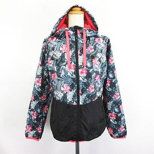 ロキシー ROXY ジャンパー ブルゾン ウィンドブレーカー 長袖 ジップアップ ボタニカル柄 ロゴ 裏メッシュ M ネイビー系 ※EKM レディース