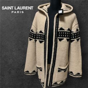 未使用 SAINT LAURENT PARIS ランローランパリ モヘア混 オープンフロント フード付き 肉厚 バハ カーディガン XL ジャカード織り