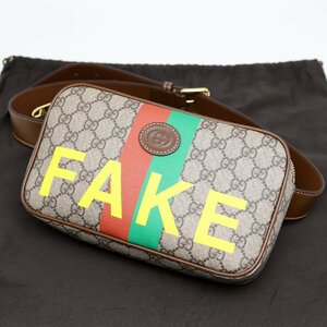 中古品　グッチ　GGスプリーム　FAKE NOT　ボディショルダーバッグ　ベージュ　ブラウン　シェリーライン　602695