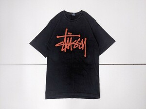 19．STUSSY 00s オールド ステューシー デカロゴ プリント 半袖 Tシャツ Y2K ストリート メンズS 黒オレンジx807