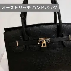 美品 オーストリッチ ハンドバッグ フルポイント 南京錠 黒 ハンドバック