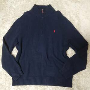 希少サイズ ポロラルフローレン Polo Ralph Lauren ハーフジップ コットンセーター 無地 紺 綿 XXL ポニーロゴ ラグランスリーブ 現行タグ