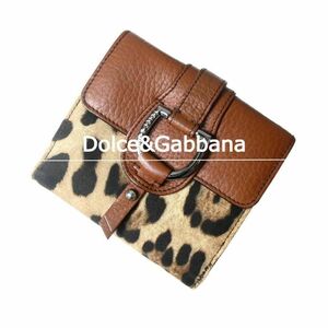 美品 Dolce&Gabbana ドルチェ＆ガッバーナ ヒョウ柄 小銭入れあり キャンバス×レザー 二つ折り 財布 コンパクトウォレット マルチカラー