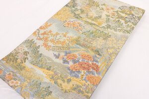 正絹 袋帯 西陣あさぎ 四季 百花百彩 本金プラチナ二重箔 両面両方向 全通柄 西陣織 金銀糸 【彩irodori】3